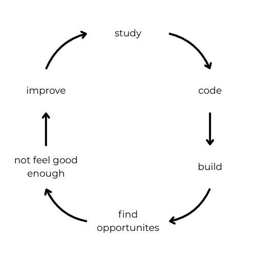Visual diagram showing the cycle of study, code, build, find opportunities, feel inadequate, and improve