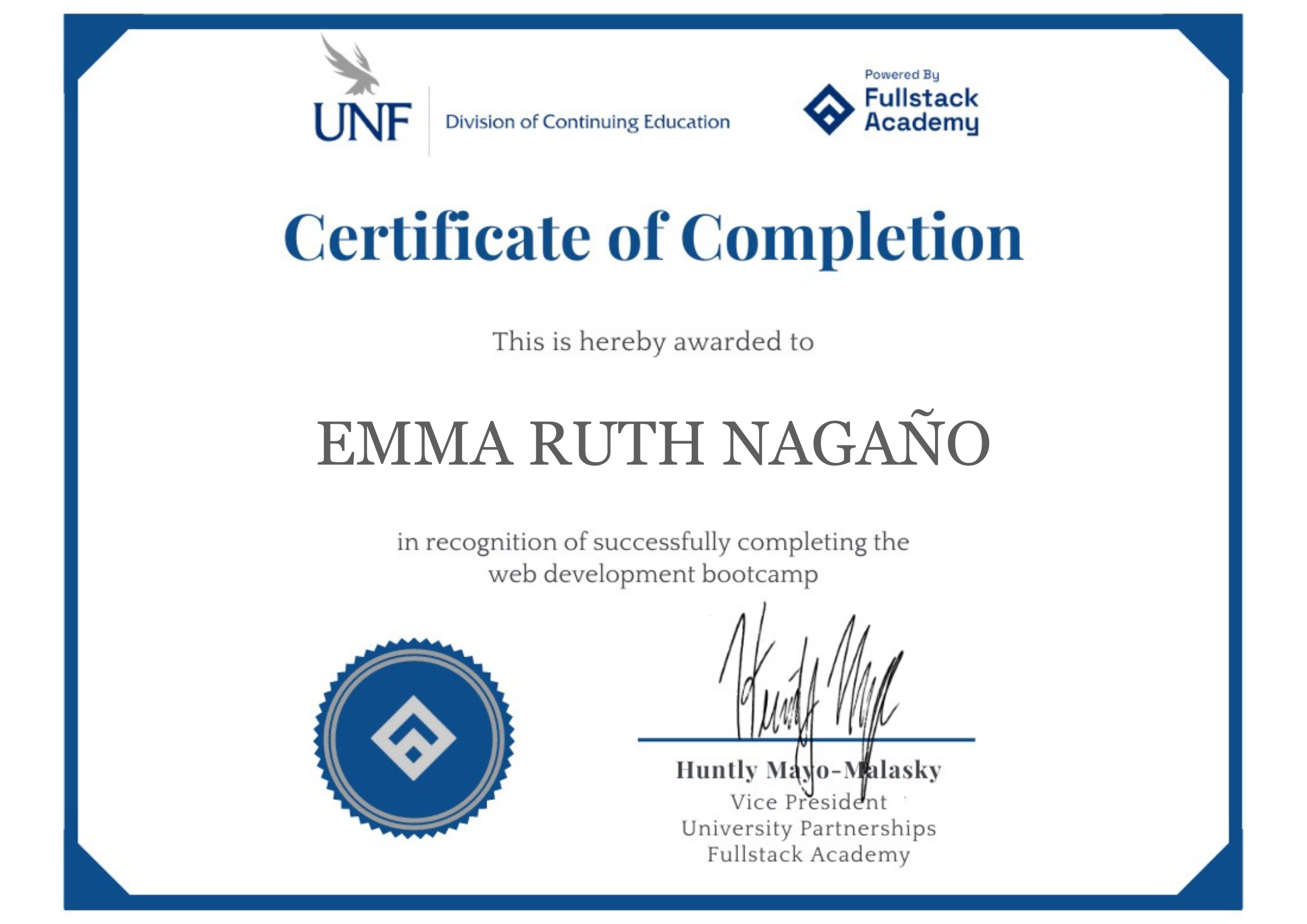 Emma Nagano's Coding Bootcamp Certificate from University of North Florida and Fullstack Academy